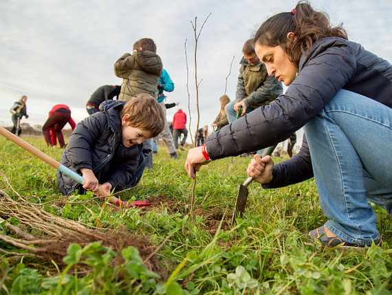 Young boy and lady planting tree at Heartwood Forest